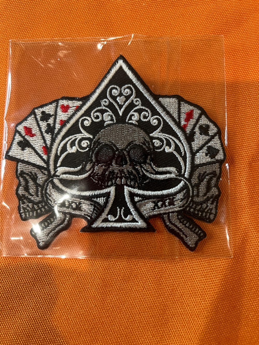 Embroidered Skull & Playing Cards Iron-On Patch - Black, White, Red